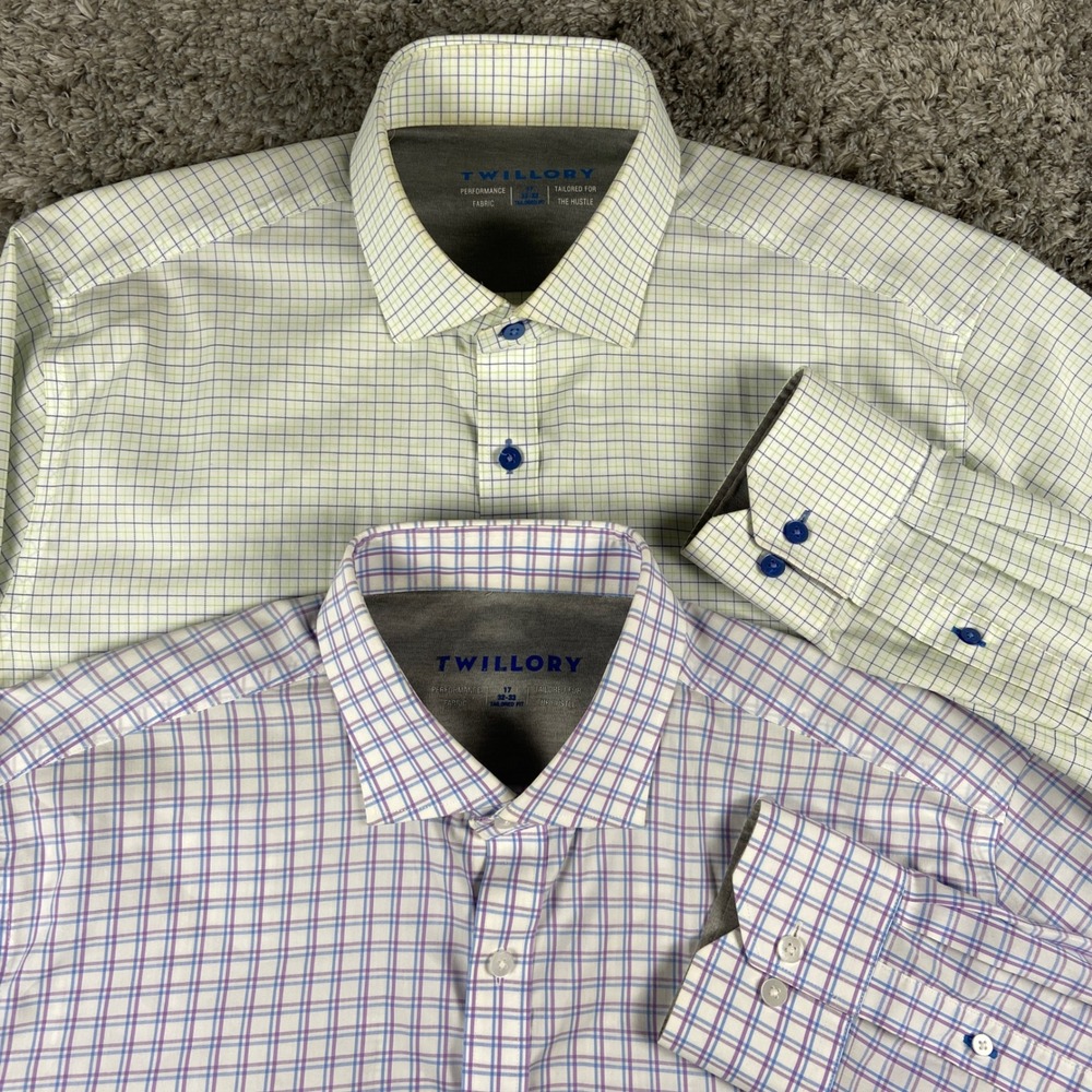 Lot of 2 Twillory Dress Shirt Mens 17 32-33 Plaid Check Tailored Fit Performance